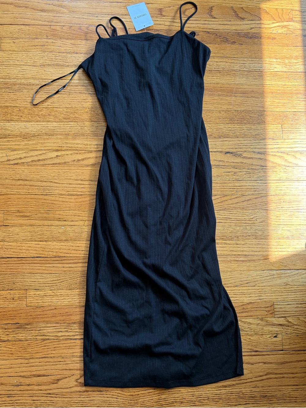 Forever 21 Black Ribbed Slip Midi Dress with Double Spaghetti Straps